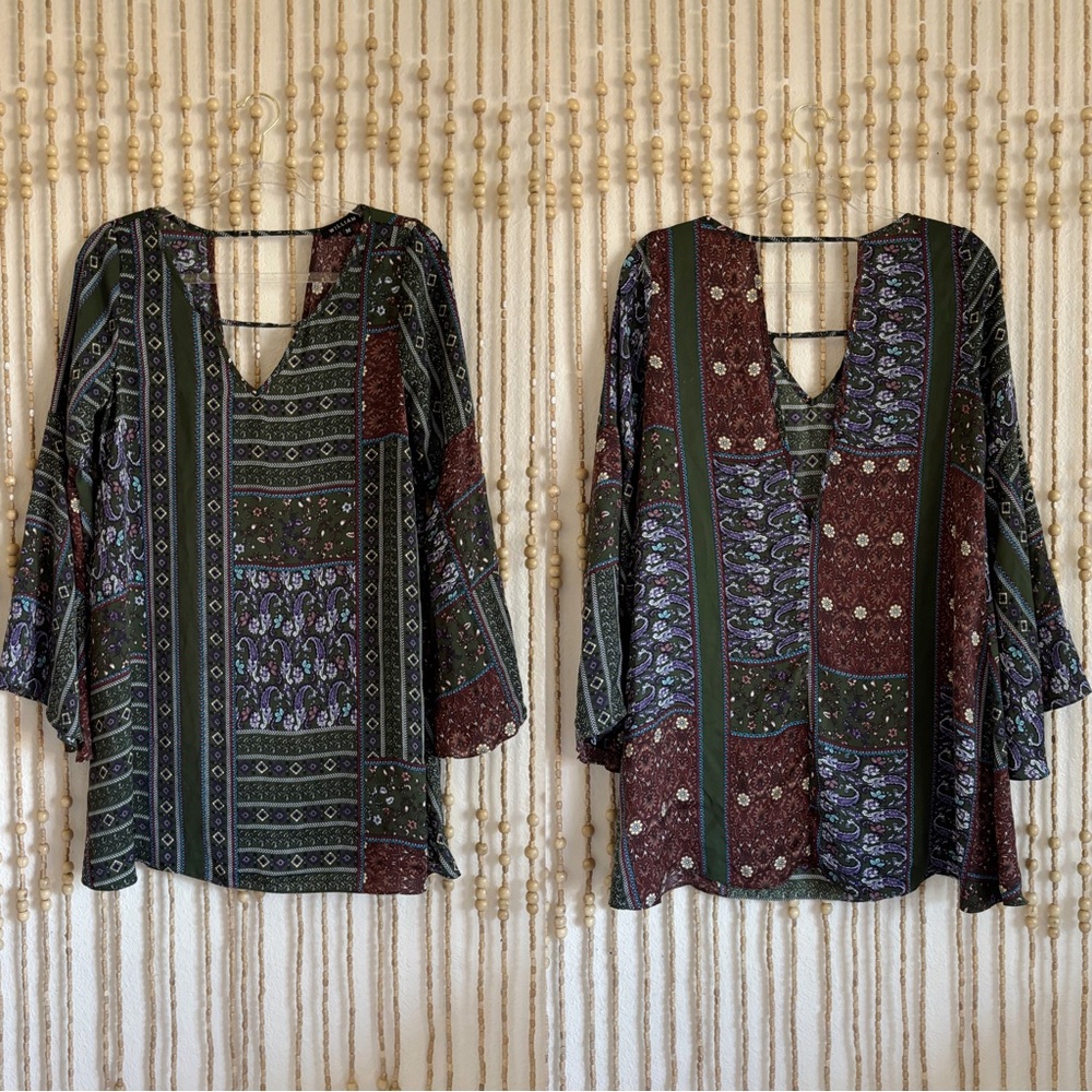 WilliamB Green Patchwork Boho Western Long Bell Sleeve Loose Fit Open Back Dress